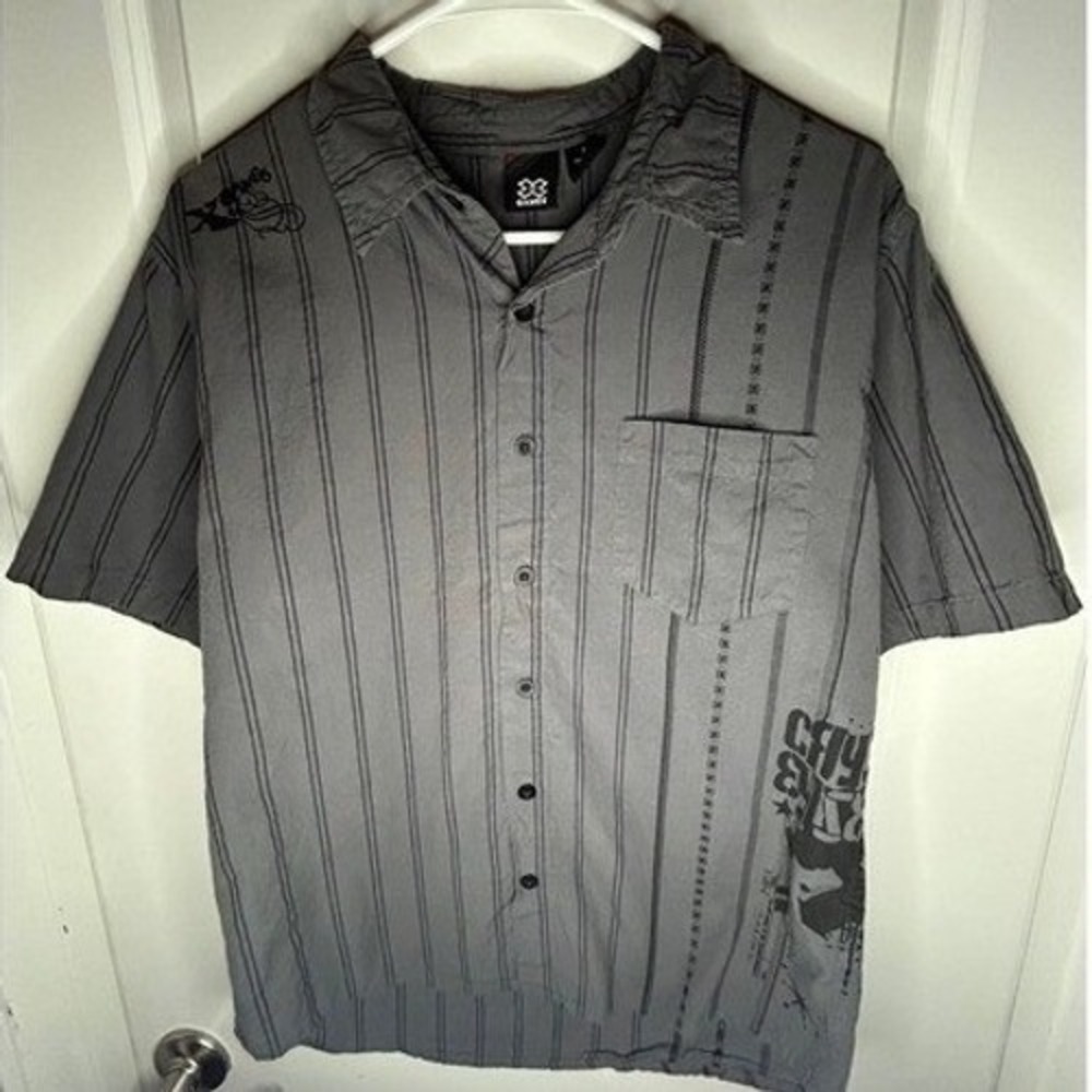 Vintage Y2k "The X Games" Grunge‎ Stripe Button Up Shirt Teen XL Fits Mens Small